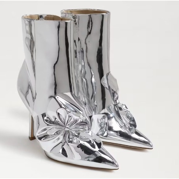 Sam Edelman Size 8 Silver Metallic Pointed Esmae Ankle Bootie Bow Stiletto Boots